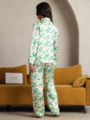 Clearance - Women's Pure Silk Green Floral Print Long Sleeve Notch Collar Pajamas Set