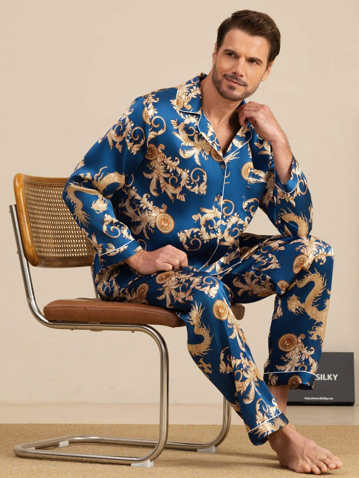 100% Mulberry Silk Men's Dragon Print  Long Sleeve Notch Collar Pajamas Set