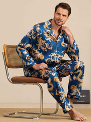 100% Mulberry Silk Men's Dragon Print  Long Sleeve Notch Collar Pajamas Set