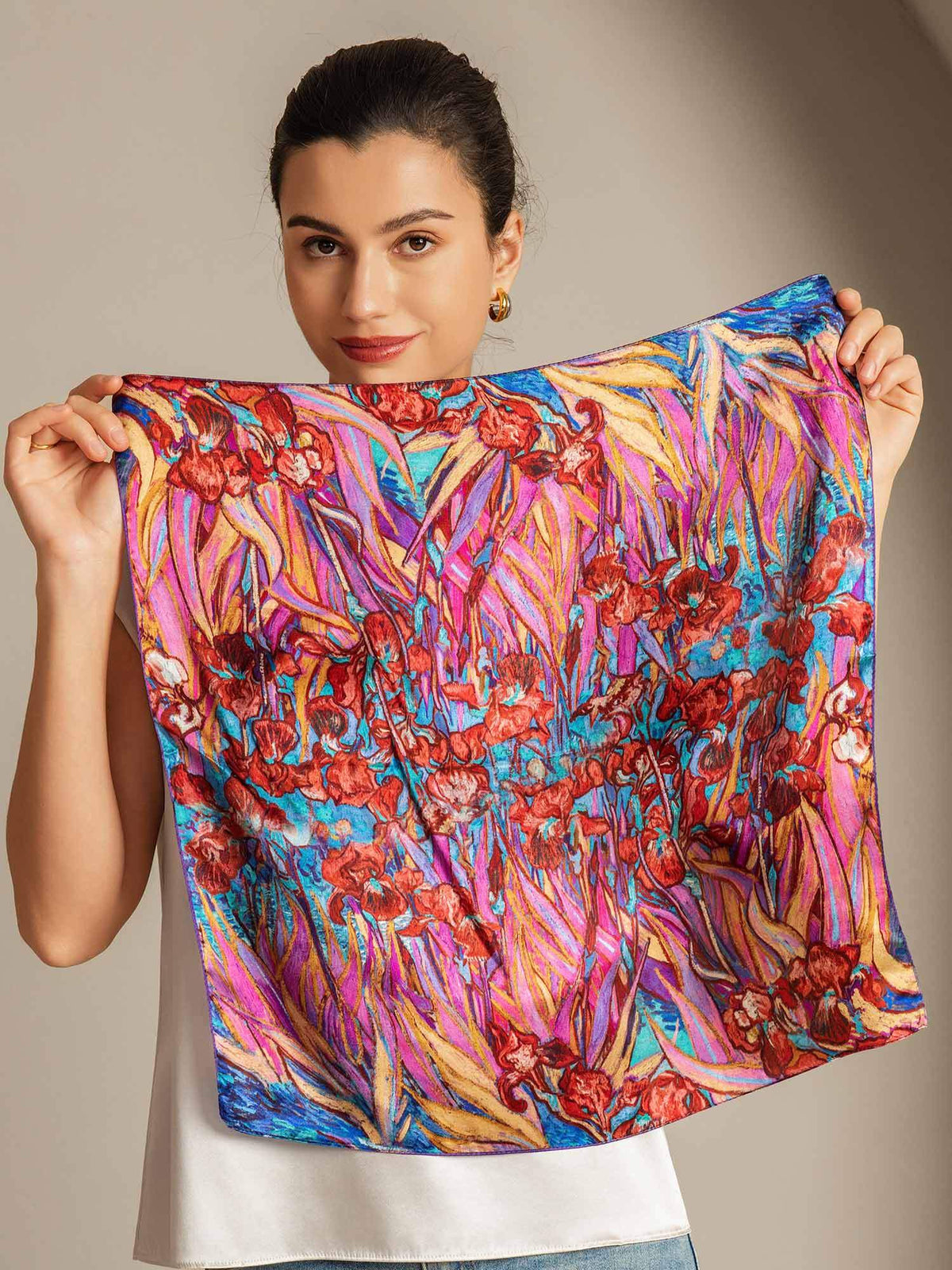 100% Mulberry Silk Floral Pattern  Square Scarf - Size 53x53cm