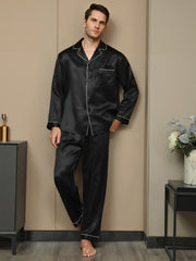 100% Mulberry Silk Long Sleeve Notch Collar Men's Pajamas Set with Button Up Design