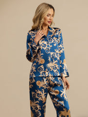 100% Mulberry Silk Dragon Print Long Sleeve Notch Collar Women's Pajamas Set With Pants
