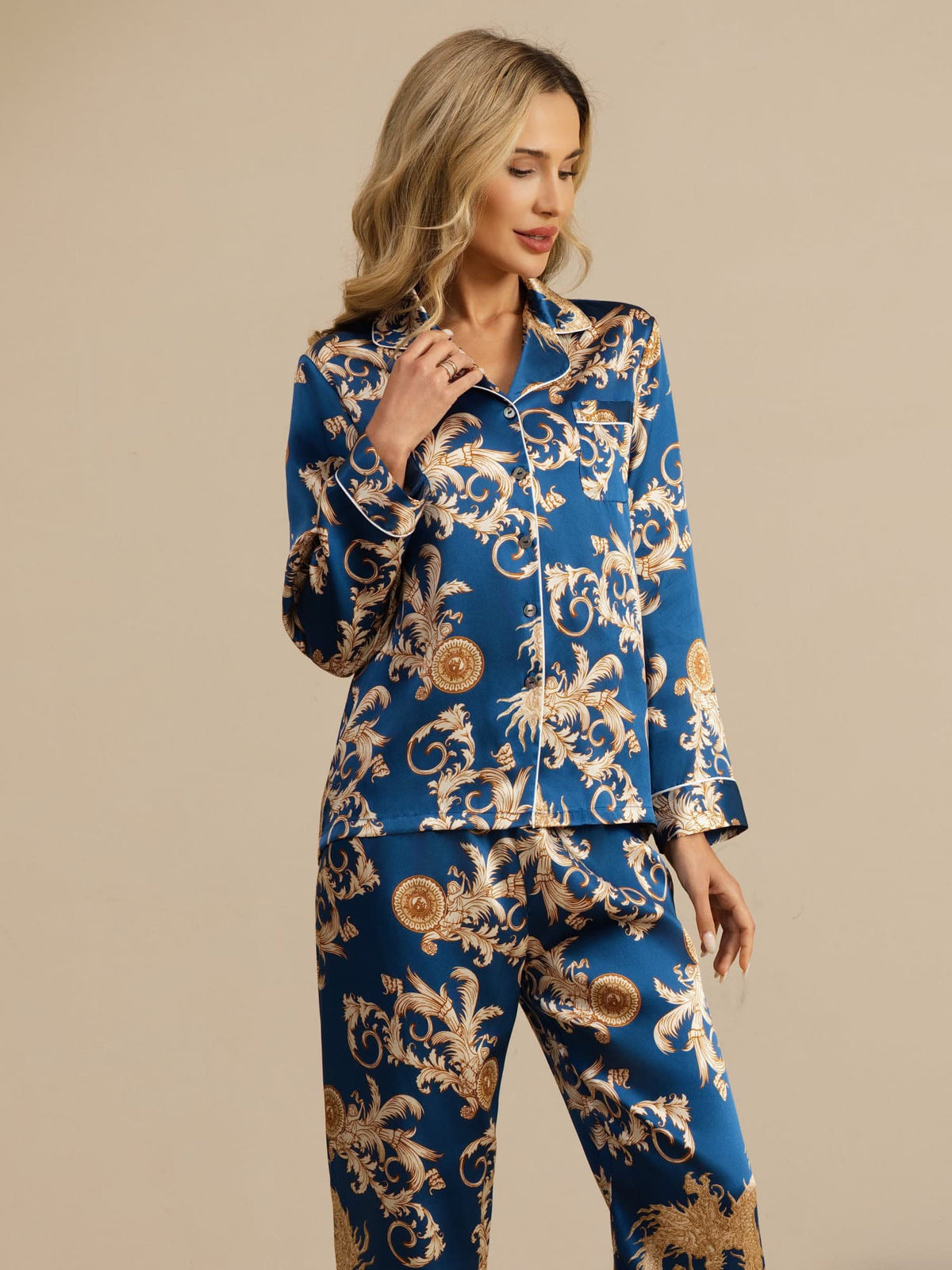 100% Mulberry Silk Dragon Print Long Sleeve Notch Collar Women's Pajamas Set With Pants