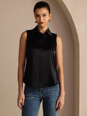 19Momme Silk Sleeveless Lapel Collar Women's Shirt with Button Up Design