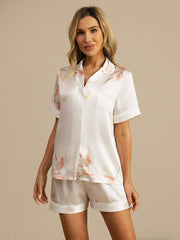 Clearance - 19Momme 100% Mulberry Silk Crane Print Short Sleeve Notch Collar Women's Pajamas Set