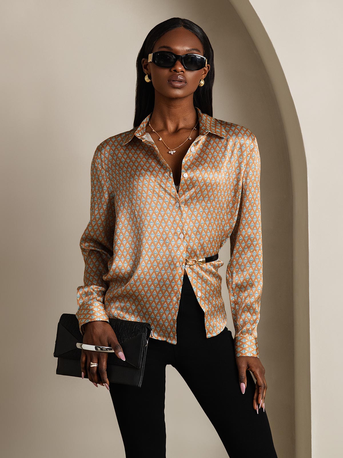 19Momme Silk Geometric Print Long Sleeve Lapel Collar Women's Shirt
