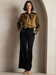 Elegant 19Momme Silk Long Sleeve Tie Neck Blouse