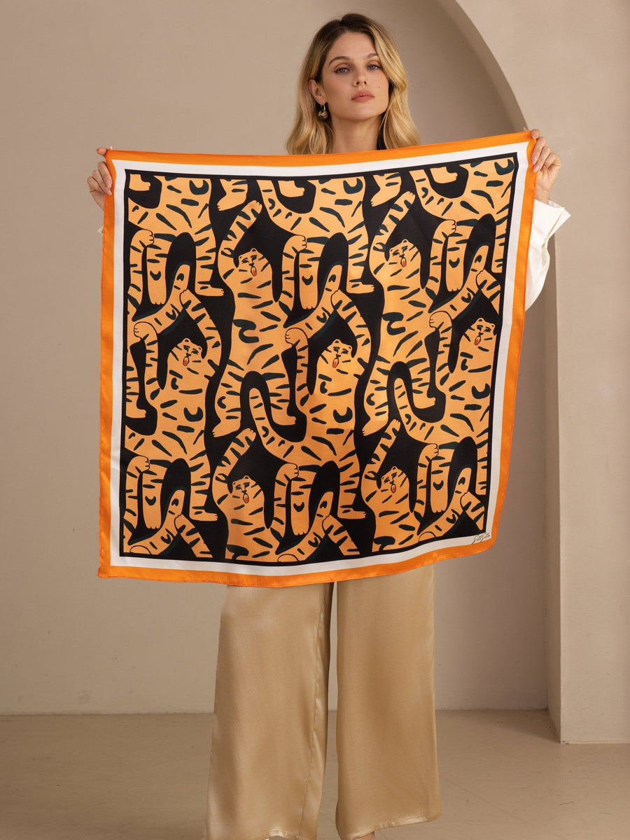 100% Mulberry Silk Tiger Pattern Scarf - Size 90x90cm