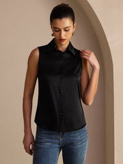 19Momme Silk Sleeveless Lapel Collar Women's Shirt with Button Up Design