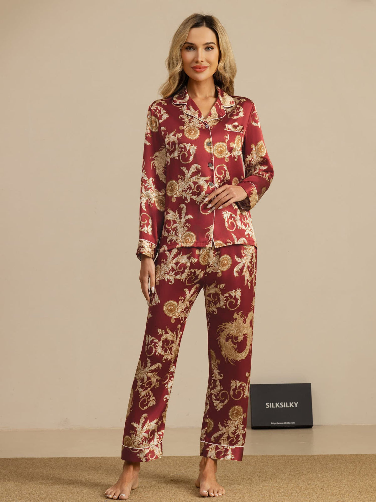100% Mulberry Silk Dragon Print Long Sleeve Notch Collar Women's Pajamas Set With Pants