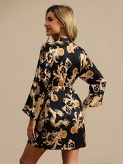 100% Mulberry Silk Dragon Print 3/4 Sleeve Women's Kimono Robe With Belt