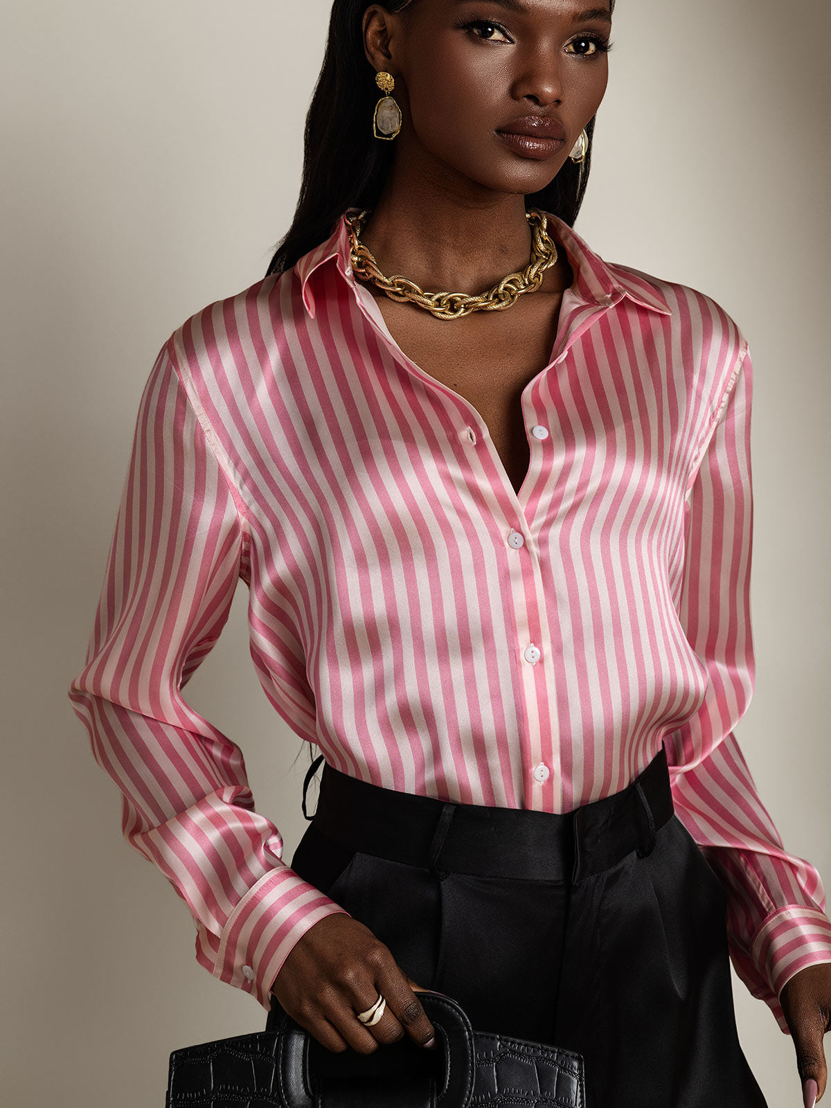 19Momme Silk Stripe Print Long Sleeve Lapel Collar Women's Shirt