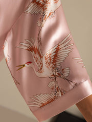19Momme 100% Mulberry Silk Crane Print 3/4 Sleeve Short Women's Kimono Robe with Wrap Design