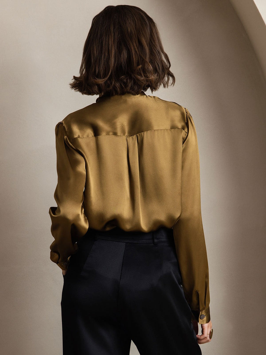 Elegant 19Momme Silk Long Sleeve Tie Neck Blouse