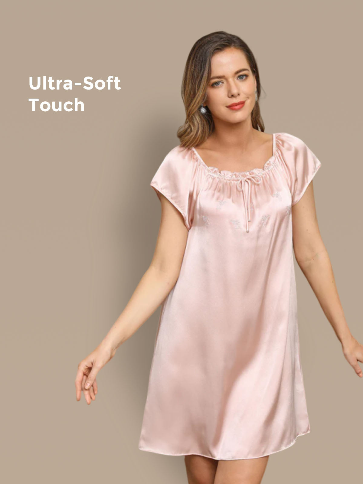 100% Mulberry Silk Cap Sleeve Square Neck Babydoll Short Nightgown