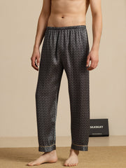Men's 100% Mulberry Silk Ginkgo Print Sleep Pants with Elastic Waist