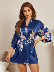 19Momme 100% Mulberry Silk Crane Print 3/4 Sleeve Short Women's Kimono Robe