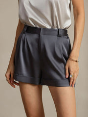 19Momme Silk Women's Cuffed Pleated Shorts With Side Pockets Design