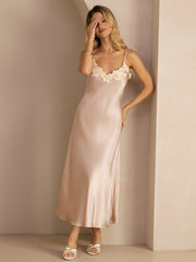 100% Mulberry Silk Spaghetti Strap V Neck Midi Dress with Lace V-Back Design