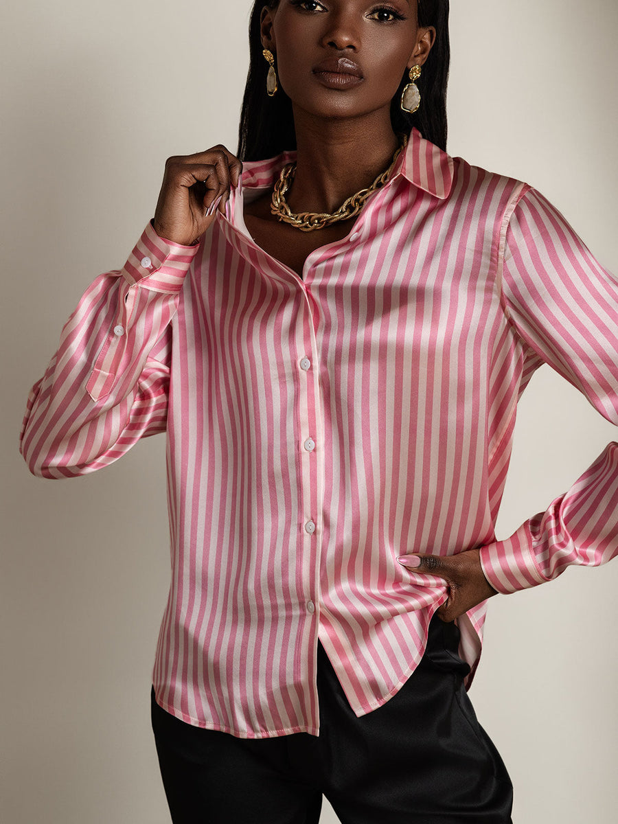 19Momme Silk Stripe Print Long Sleeve Lapel Collar Women's Shirt