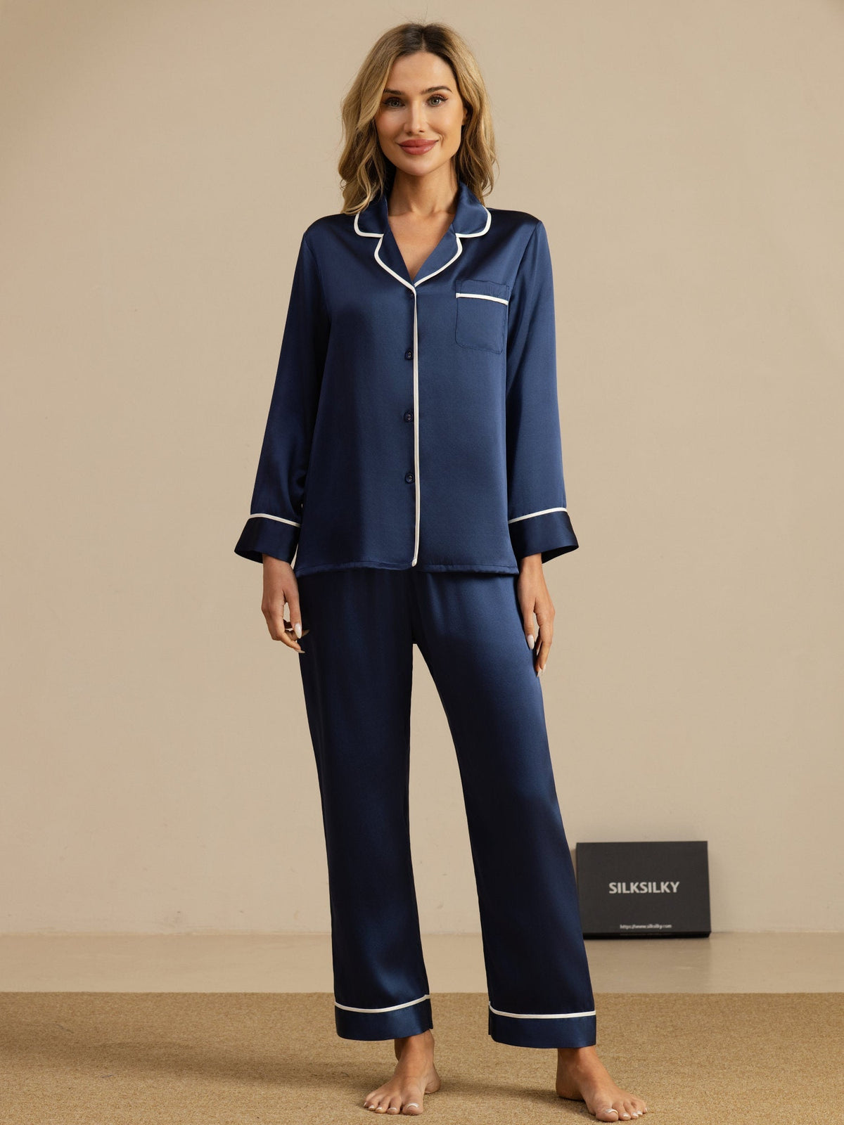 100% Mulberry Silk Classic Long Sleeve Pajama Set with Contrast Piping