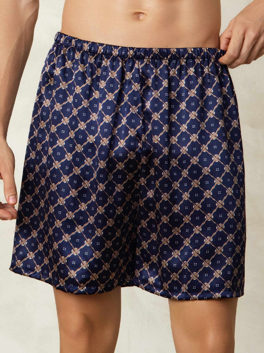 100% Mulberry Silk Navy Chain Print Elastic Waist Men's Sleep Shorts