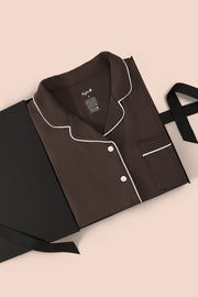 Long-Sleeved Women's Pajama Set in Espresso with Cloud Trim