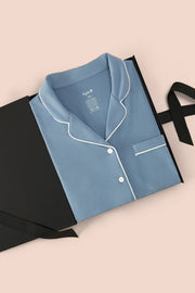 Long-Sleeved Women's Pajama Set in Slate with Cloud Trim