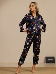 Women's 100% Mulberry Silk Navy Floral Print Long Sleeve Lapel Collar Button Up Pajamas Set