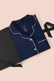 Women’s Short Sleeve Pajama Set in Navy with Cloud Trim