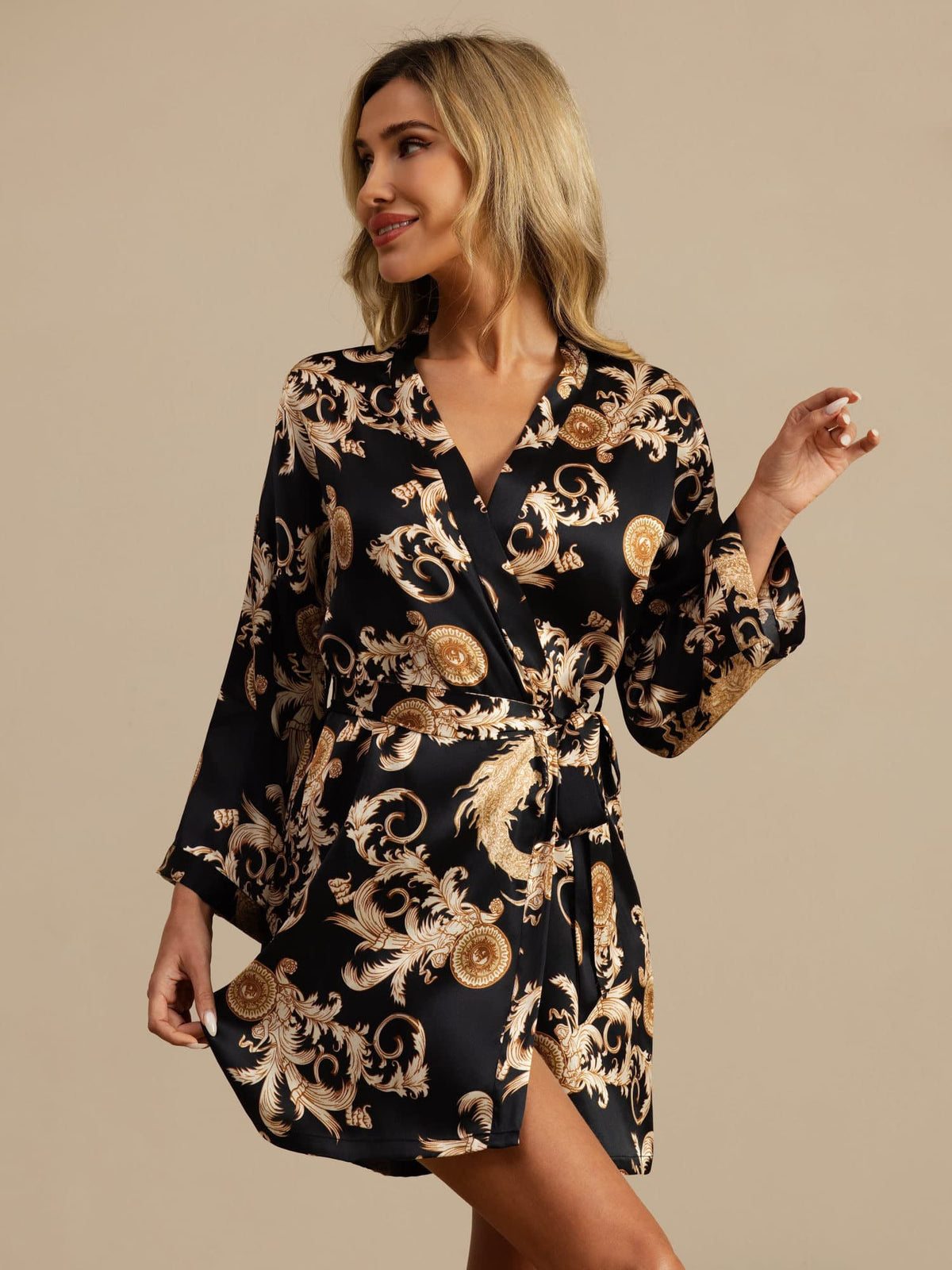 100% Mulberry Silk Dragon Print 3/4 Sleeve Women's Kimono Robe With Belt