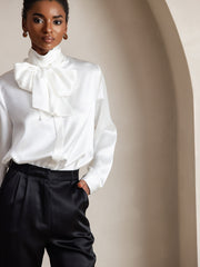 19Momme Silk Long Sleeve High Neck Bow Tie Blouse