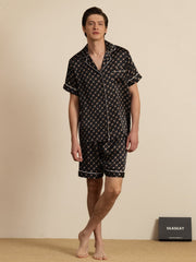 Clearance - 100% Mulberry Silk Short Sleeve Notch Collar Men's Chain Print Pajamas Set with Shorts