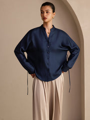 100% Mulberry Silk Women’s Split Neck Long Sleeve Blouse With Drawstring