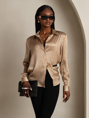 19Momme Silk Geometric Print Long Sleeve Lapel Collar Women's Shirt