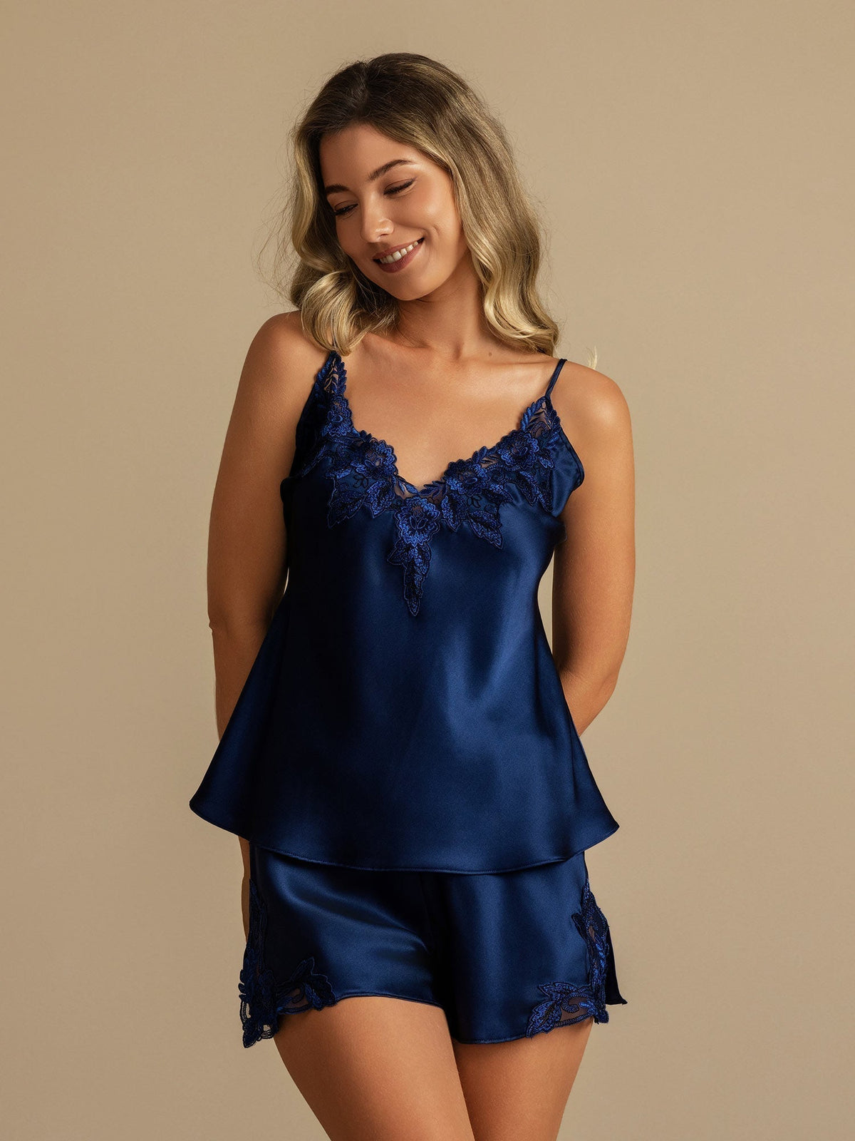 100% Mulberry Silk Lace Trim Camisole Set with Side Slit