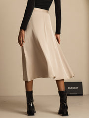 19Momme Silk High Waist A-Line Pleated Midi Skirt with Pockets