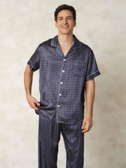 Clearance - Men's Pure Silk Navy Ginkgo Print Short Sleeve Pajamas Set with Pants