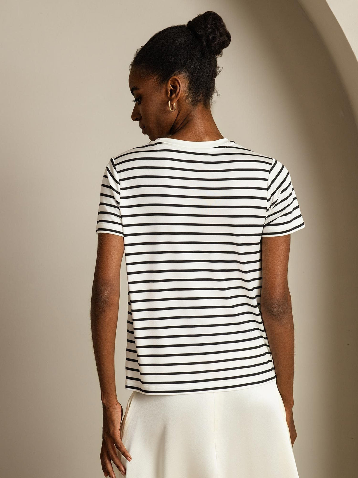 100% Mulberry Silk Crew Neck Short Sleeve Women's Sport Stripe Print T-Shirt