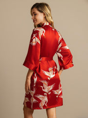 19Momme 100% Mulberry Silk Crane Print Belted Wrap Women's Kimono Robe