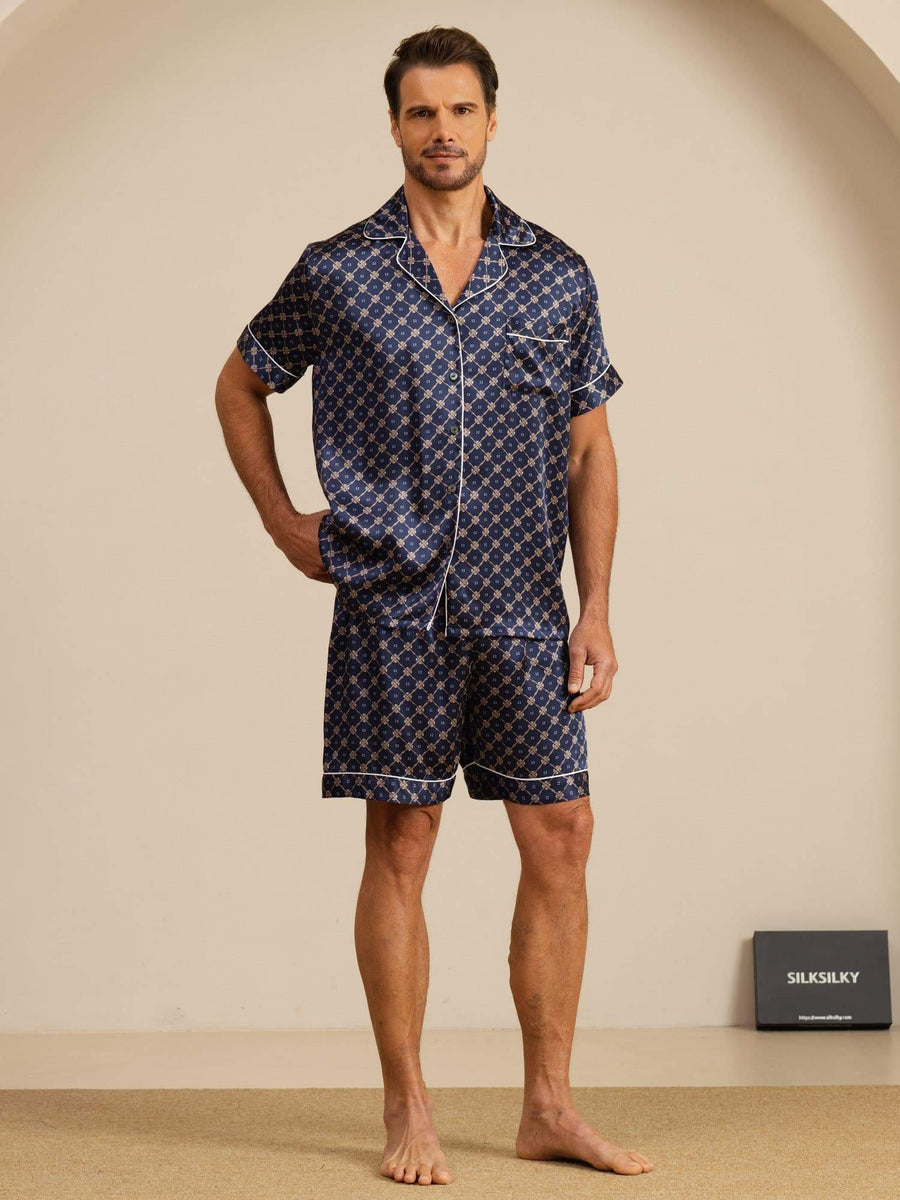 100% Mulberry Silk Short Sleeve Notch Collar Men's Chain Print Pajamas Set with Shorts