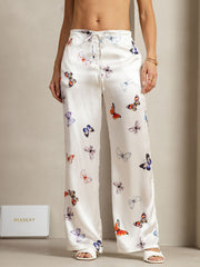 19Momme Silk Butterfly Print Wide Leg Women's Pants With Side Pockets Design