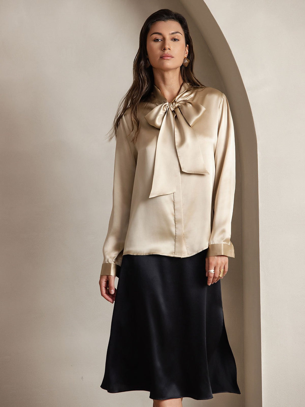 Clearance - Elegant 19Momme Silk Long Sleeve Tie Neck Blouse