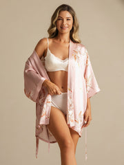 19Momme 100% Mulberry Silk Crane Print 3/4 Sleeve Short Women's Kimono Robe with Wrap Design