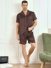 Clearance - 100% Mulberry Silk Short Sleeve Notch Collar Men's Pajamas Set with Shorts