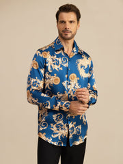 Pure Silk Men's Long Sleeve Lapel Collar Dragon Print Shirt