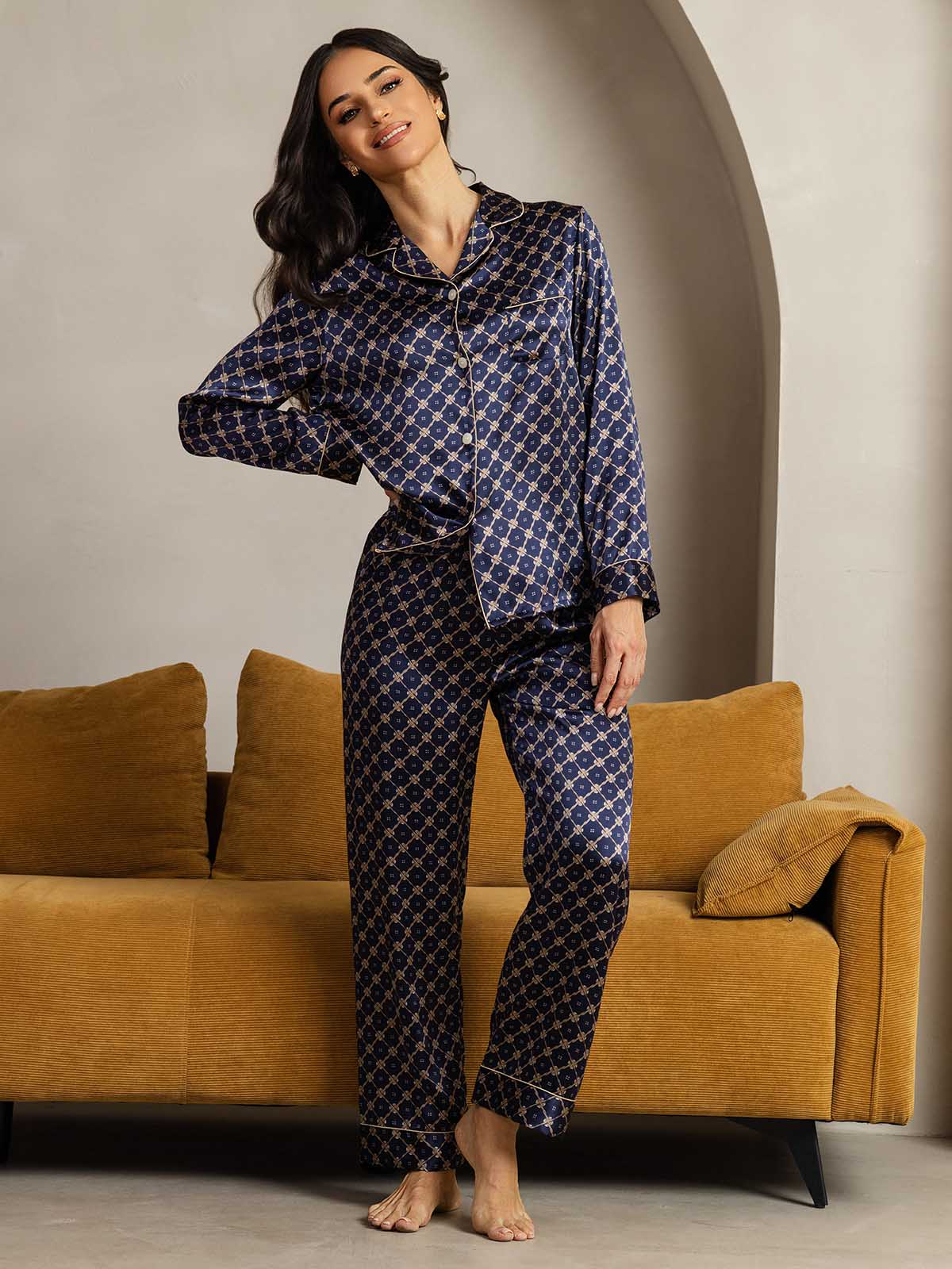100% Mulberry Silk Chain Print Long Sleeve Lapel Collar Women's Pajamas Set