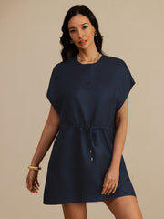 Clearance - 100% Mulberry Silk Henley Neck Cap Sleeve Short Dress With Drawstring