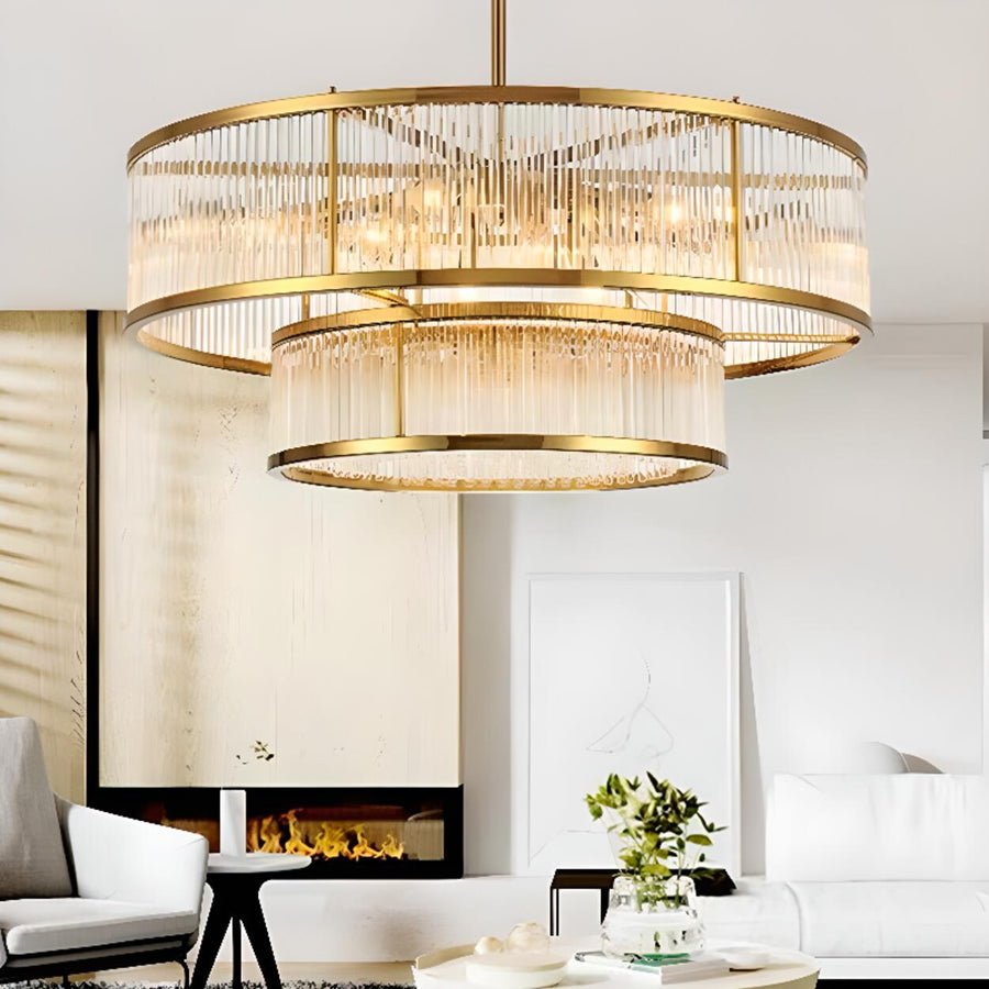 2 Tiers Adjustable Height Gold Drum Crystal Chandelier
