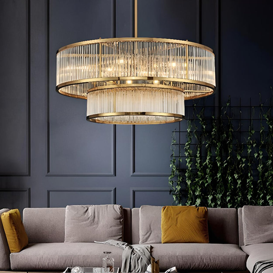 2 Tiers Adjustable Height Gold Drum Crystal Chandelier